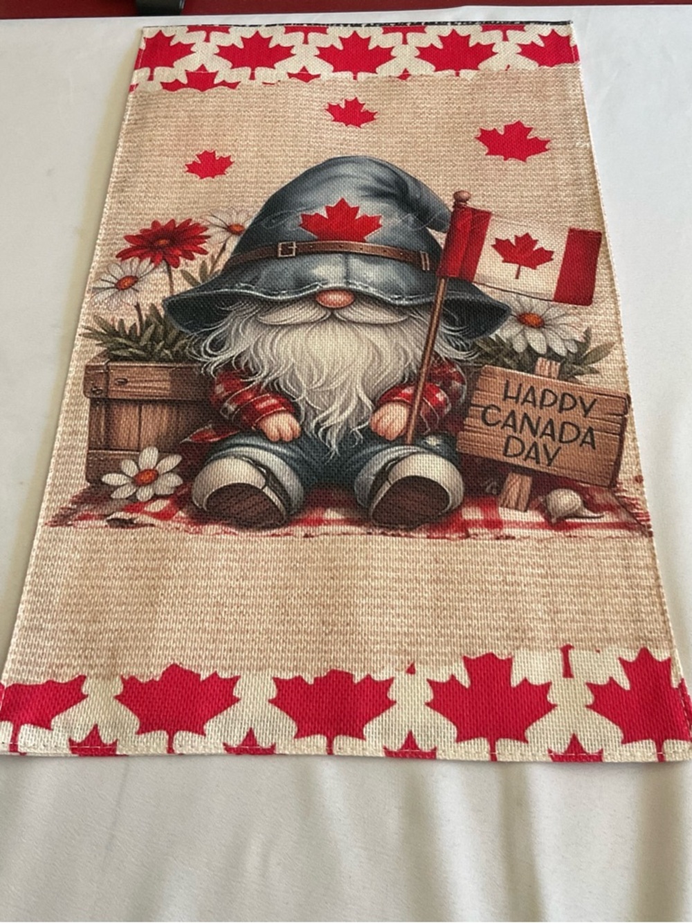Canada Day Gnome Decorative Garden Flag - Red & Cream